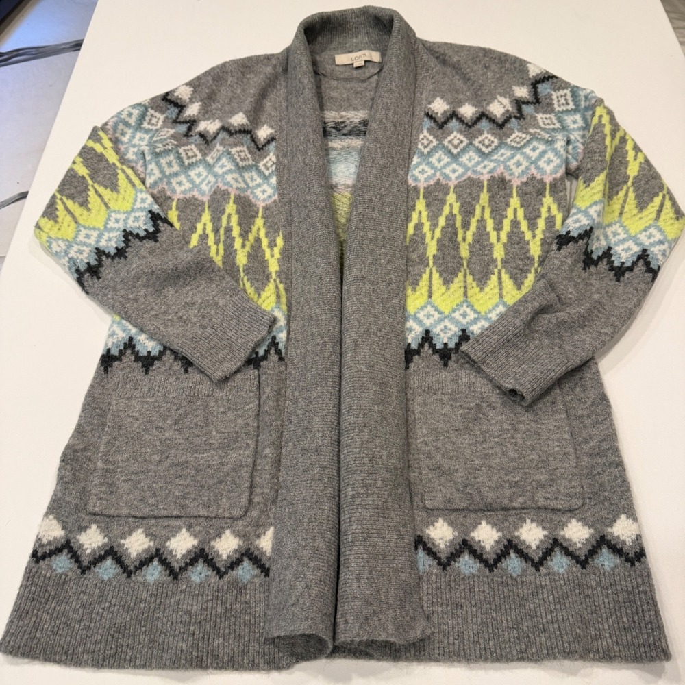 Loft Womens Grey Fair Isle Open Front Cardigan Sweater Geometric Longline Size M